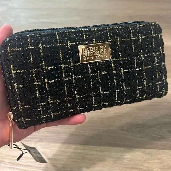 Badgley Mischka Tara Tweed Wallet Zip Around Black and Gold Fleck NWT - Picture 2 of 6